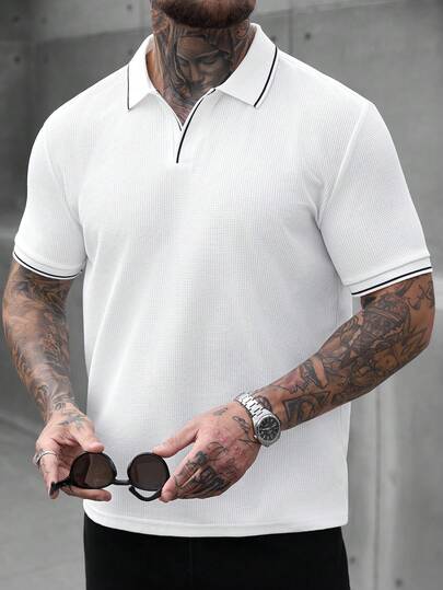 Manfinity Homme 男士翻领短袖Polo衫，针织钩编面料，白色Polo衫，休闲Polo衫，V领Polo衫，适合日常外出、朋友聚会、休闲周末穿着，是送给男友或丈夫的绝佳礼物，INS热销Polo衫