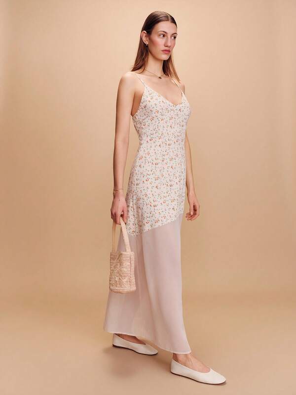 lacRébo Bi-Fabric Maxi Dress With Printed Bust And Chiffon Asymmetric Hem Spring Summer French Style Parisian Style Evening Dress Summer Cute Dress Vacation Dress