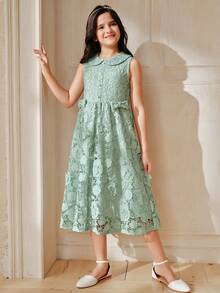Anewsta Spring/Summer New Arrival Peter Pan Collar Princess Dress, Lace Overlay Big Girls Dress - Mint Green - View 3