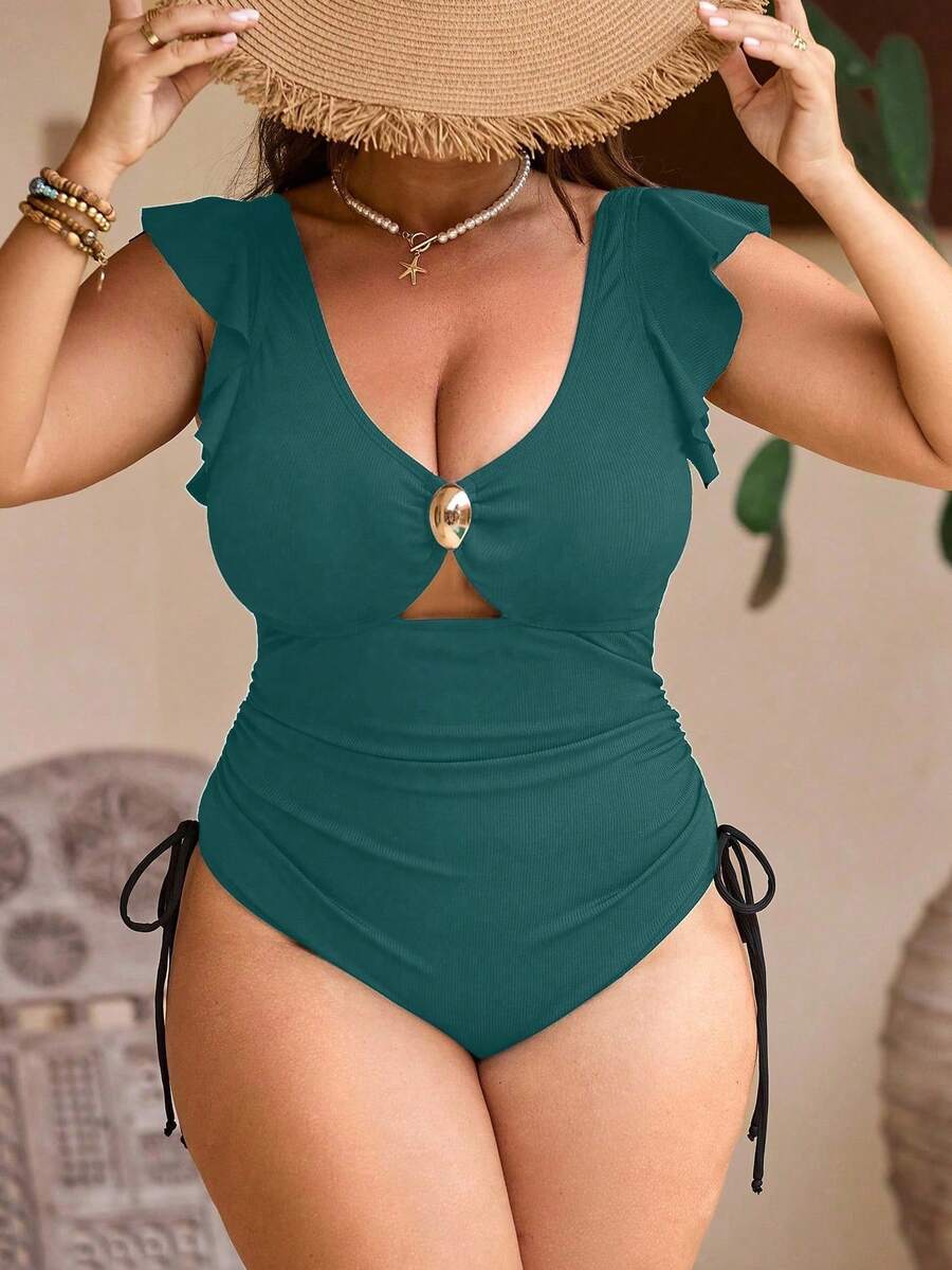 Swim Lushoire 1件大码女士黑色连体泳衣，性感度假泳装 - 水鴨藍 - 查看 1