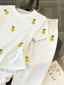 INAWLY 女式休闲柠檬刺绣 T 恤和裤子两件套，夏季 - 白色 - 查看 5