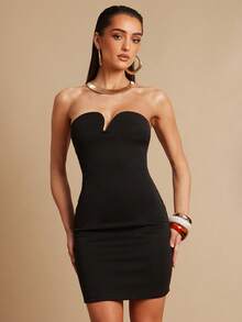 Silquee 女士时尚性感纯色露背抹胸迷你连衣裙 - 黑色 - 查看 1