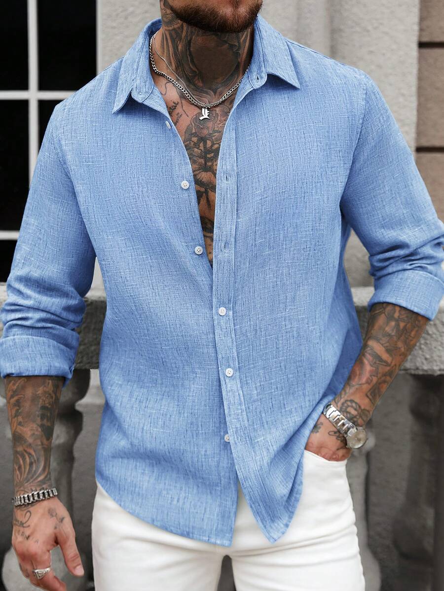 Manfinity CasualCool Men's Solid Color Casual Linen Long Sleeve Shirt Casual Men Shirt Beach Men Shirt Boho Men Shirt Men Shirts Linen Light Blue Men Shirt - Baby Blue - View 1