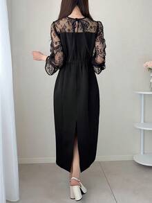 FRIFUL Women's Round Neck Chiffon Mesh Patchwork Bell Sleeve Contrast Color Sweet Casual Party Dress Sundress - Black - View 4
