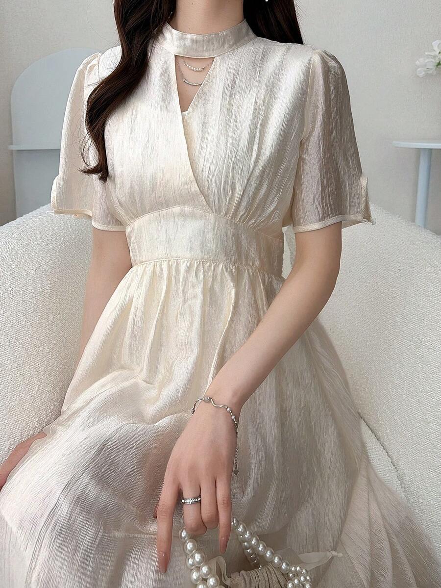 FRIFUL Đầm dài nữ cổ tròn, dây chéo phía trước, màu trơn, kiểu dáng thanh lịch, thích hợp cho công sở, mùa hè. - Màu be - Xem 1