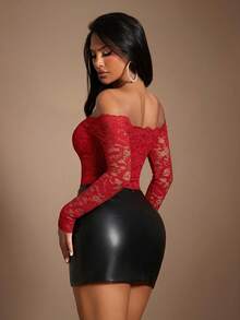 Radiana 女士性感优雅蕾丝露肩连体衣，蕾丝上衣，露肩上衣，适合日常外出、约会、派对、生日、夜店、俱乐部、嘉年华等场合，弹性蕾丝面料，修身显瘦，百搭日常穿着 - 紅色 - 查看 2