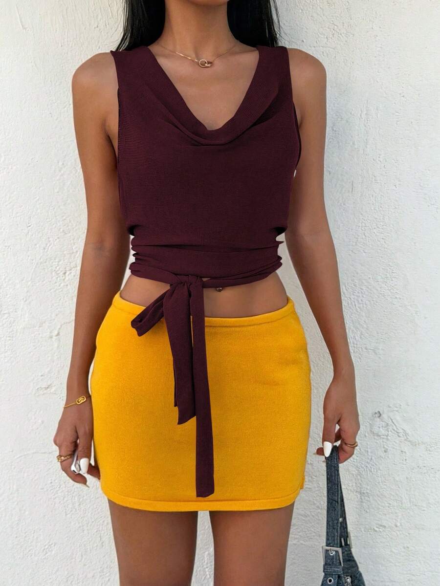 INAWLY Ensemble débardeur court en tricot à col drapé et nœud à la taille et mini-jupe en tricot de couleur unie pour femmes - Multicolore - Voir 1
