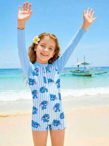 小女孩卡通印花沙滩度假连体泳衣 - 彩色 - 查看 1