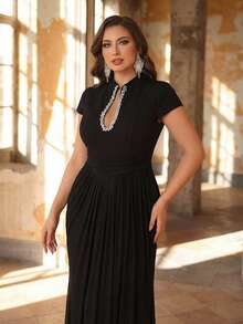 Aureia Plus Size Elegant Romantic Black Stand Collar Luxury Crystal Decor Waist Ruched Mermaid Hem With Train Formal Gown (Heavily Embellished) - Black - View 7