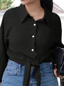 Melissa Matos 优雅法式领长袖系带开衫衬衫，白色，女款 - 黑色 - 查看 6