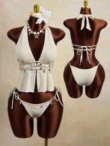 Zestiva Women's White Summer Boho Sequin Beach Holiday Spaghetti Strap Seashell Decor Textured Fabric Tie-Up Tankini Set, Elegant Lady Bathing Suit - Beige - View 3