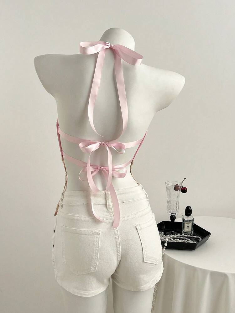 Flirla Sweet & Sexy Pink Sheer Lace Floral Sequin Patchwork Tie-Up