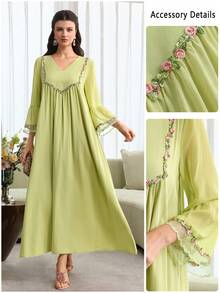 Al Najma Bata con cuello en V y mangas acampanadas, primavera/verano - Verde - Ver 6