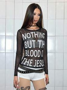 ROMWE Avant Slogan Letter & Cross Print Sheer Blouse - Black - View 4