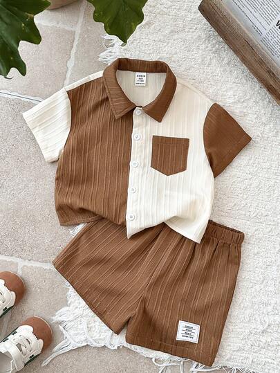 LMoss Kids 2pcs Baby Boy Woven Contrast Color Casual Shirt And Shorts Set