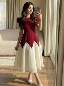 SHEIN Đầm dạ hội thanh lịch dáng chữ A tay phồng bằng vải organza trắng phối màu đỏ tía dành cho thiếu nữ. - Màu Đỏ Sâu - Xem 6