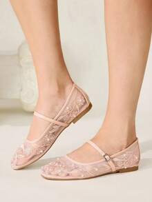 CUCCOO CHICEST Women Shoes Four Seasons New Embroidery Faux Pearl Low Vamp Square Toe Flat Sole Shoes Elegant Elegant Fashion Mesh Women's Flat Shoes Soft Sole Ballet Shoes Elegant Commuter Mary Jane Shoes Wedding Shoes Spring Shoes Bride Shoes - Light pink A - View 7