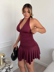 Maria Perezxox 全新不对称下摆收腰优雅通勤日常穿着深 V 领露背迷你连衣裙，女士夏季 - 酒紅色 - 查看 4