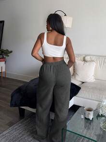 Tyla Gomez 女士抽绳腰纯色宽松休闲运动裤，宽松裤 - 深灰色 - 查看 4