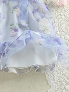 SHEIN 女嬰紫色花卉印花優雅掛脖A字洋裝 夏季公主風蛋糕裙 可愛生日派對日常穿著度假新款 - 淡紫色 - 查看 3