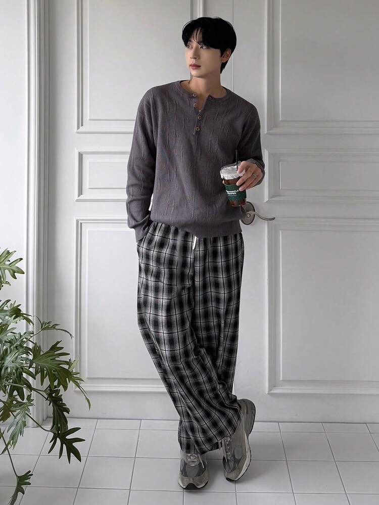 Men's Loose Fit Long Pants With Contrast Waistband And Plaid Pattern, Suitable For Spring And Autumn Summer