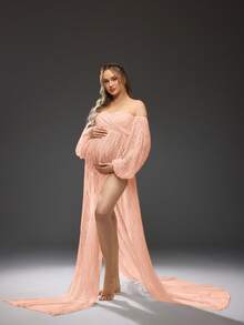 Cheriluna Maternity Maternity Off-Shoulder Lace Patchwork Open Slit Design Photoshoot Dress - Baby Pink - View 5