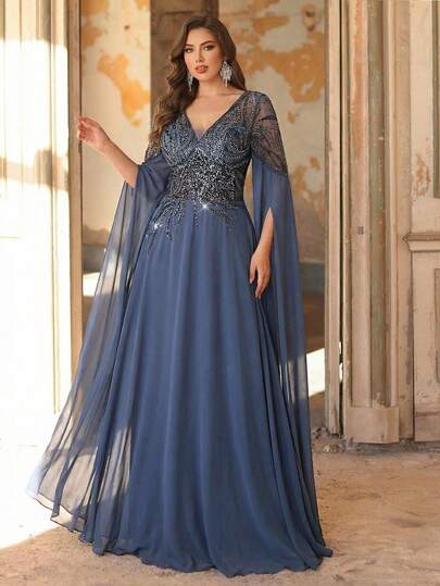 Aureia Vestido de línea A con mangas farol, cintura de gasa con parches de lentejuelas, elegante y romántico, de color azul difuminado, talla grande, adecuado para bodas de influencers, fiestas, ocasiones formales y cenas de gala (diseño con adornos)