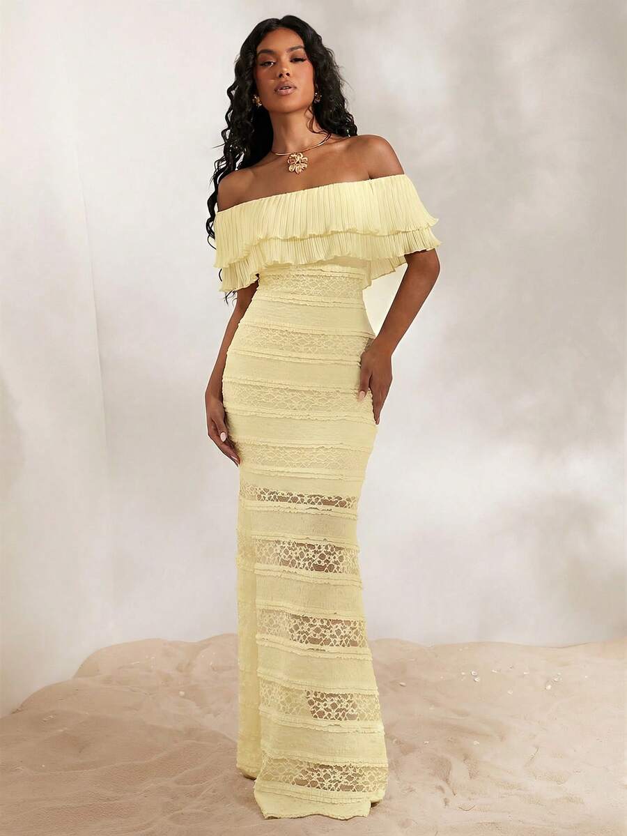 Opulessa Knitted Lace Off-Shoulder Fitted Mermaid Dress For Women - Light Yellow - View 1