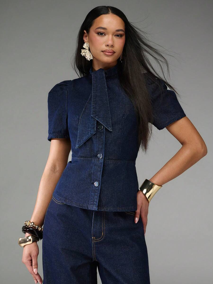 Normani Blusa de mezclilla de manga abullonada de solapa única y versátil para mujer, ropa de trabajo para mujer - Azul - Ver 1