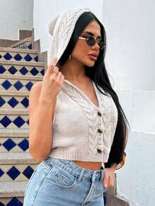 EURMUSE Cable Knit Hooded Vest With Gold Statement Buttons, Chic Sleeveless Sweater Top For Layered Spring Summer Outfits - Beige - View 6
