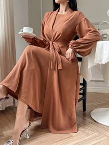 DAZY Damen eleganter einfarbiger ärmelloser Bademantel mit Gürtel, 2-teiliges Set, Frühlings-/Sommer-Loungewear für Frauen - Braun - Übersicht 9