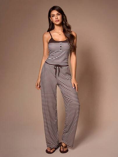 SHEIN Women's Casual Striped Print Contrast Color Fitted Camisole & Pants Pajama Set