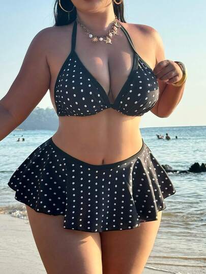 Swim SXY Plus Size 2-Piece Swimwear For Women, Sexy Beach Outfit: Spaghetti Strap Top With Polka Dot Print And Contrast Ruffle Bikini Bottom, Summer Swimwear Set
