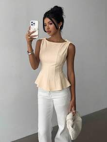 Aloruh 女士优雅简约无袖通勤衬衫 - 杏色 - 查看 6