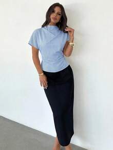 Firerie Blusa de bambú y lino de color albaricoque con cuello arrugado, mangas asimétricas, fruncido lateral y cintura ceñida, para uso diario, para todas las estaciones - Azul y blanco - Ver 10