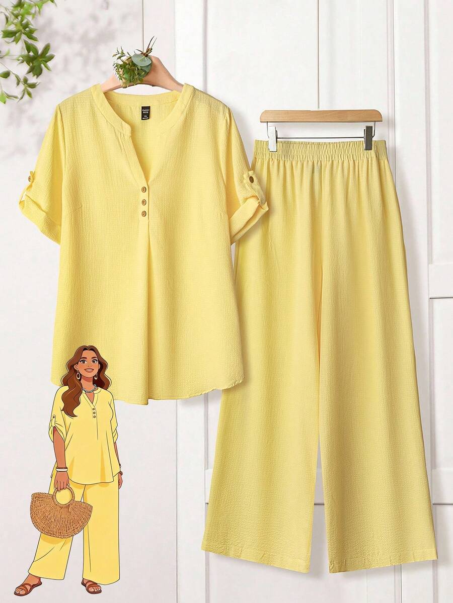 Rusticease Bộ 2 áo thun tay ngắn cổ chữ V cỡ lớn và quần dài - Màu Mù tạt vàng - Xem 1