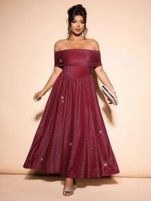 Cravure Elegantes Abendkleid, Off-Shoulder, Glitzer, Große Größen - Bordeaux - Übersicht 4