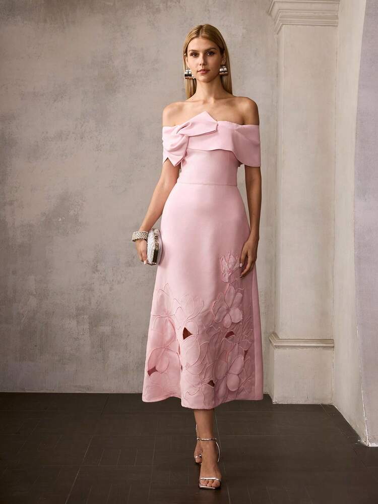 MOTF Soiréza WOMEN'S OFF THE SHOULDER EMBROIDERED SATIN PARTY EVENING DRESS, SPRING/SUMMER