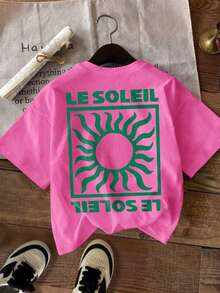 DrmWander Plus Size Summer Casual Sun & Letter Print Short Sleeve T-Shirt - Hot Pink - View 4