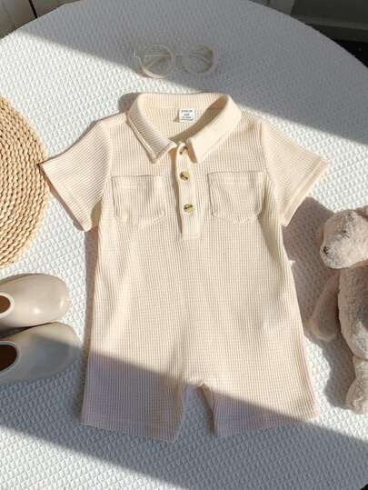 SHEIN 新生男宝宝夏季可爱针织短袖连体衣，适合生日派对、晚宴、演出、婚礼、满月庆祝、洗礼和一周岁宝宝派对等场合。