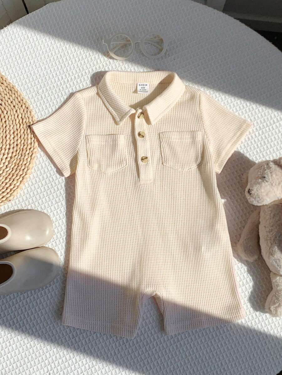 SHEIN White Summer Casual Family Matching Newborn Baby Boy Cute Knitted Texture Short Sleeve Romper,Suitable For Birthday Party,Wedding,Christening Event - Khaki - View 1