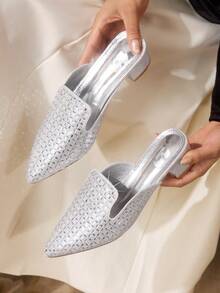 CUCCOO TILAWA Women's Square Toe Silver Rhinestone Decor Plaid Open Toe Low Heel Versatile Fashion Date Night High Heel Sandals - Silver - View 6