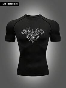 Gym Rark Men Skeleton Print Raglan Short Sleeve T-Shirt And Gothic Letter Print Pants Sports Suit - Black - View 5