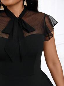 Villa Velisse 女士优雅高领系带袖波点蕾丝拼接A字连衣裙 - 黑色 - 查看 6