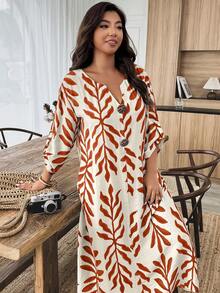 SHEIN Holidaya Đầm nữ cỡ lớn 1 mảnh, chất liệu giả vải lanh, in họa tiết hoa, dáng rộng, thoải mái, trang trí cúc giả gỗ, thích hợp cho mùa xuân/hè, mặc ở nhà hoặc đi làm. - Nhiều màu - Xem 3