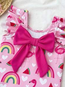SHEIN Young Girl Backless Bow Decor Ruffle Short Sleeve One-Piece Swimsuit,Kids - Pink - View 4