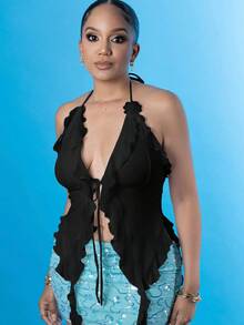 Melissa Matos 浪漫黑色荷叶边丝带和 3D 花朵领带上衣女士上衣音乐会女装性感服装 - 黑色 - 查看 3