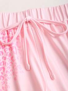 Sweetra Women's Pink Leopard Print Low-Waist Ribbed Drawstring Retro Flare Sweatpants,Fashionable Summer Casual Lounge Streetwear,Versatile Daily Wear - Pink - View 3