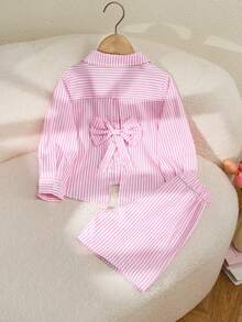 SHEIN 2 pezzi/set Camicia a maniche lunghe con colletto irregolare e decorazione fiocco sul retro, e pantaloni a righe, stile casual universitario, adatto per tutte le stagioni, per ragazze giovani - Rosa - Visualizzare 3