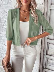 SHEIN LUNE 秋冬季纯色开襟透视网眼外套 - 綠色 - 查看 5
